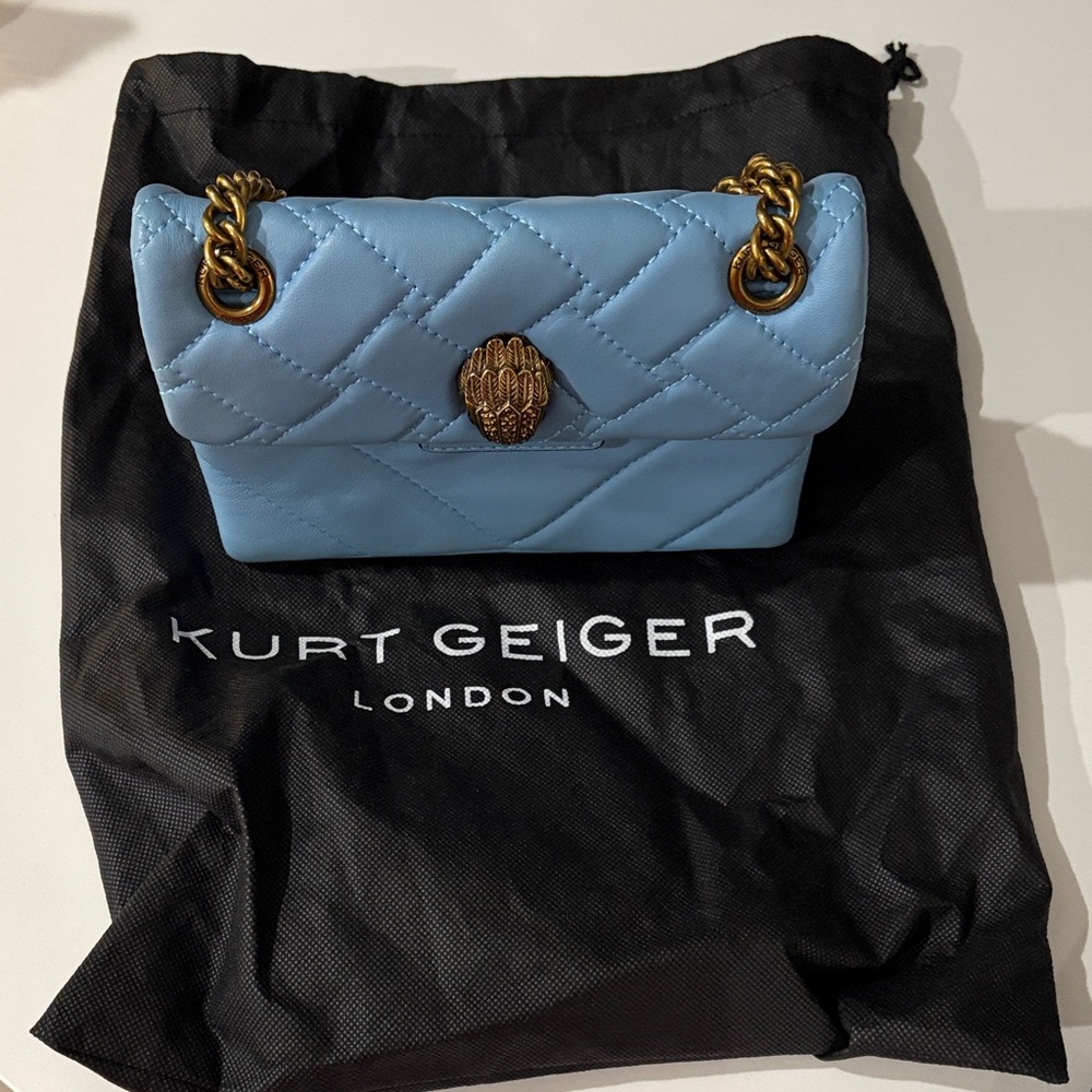 Kurt Geiger Mini Kensington Light Blue Quilted Leather Crossbody with Gold Chain - Picture 14 of 15